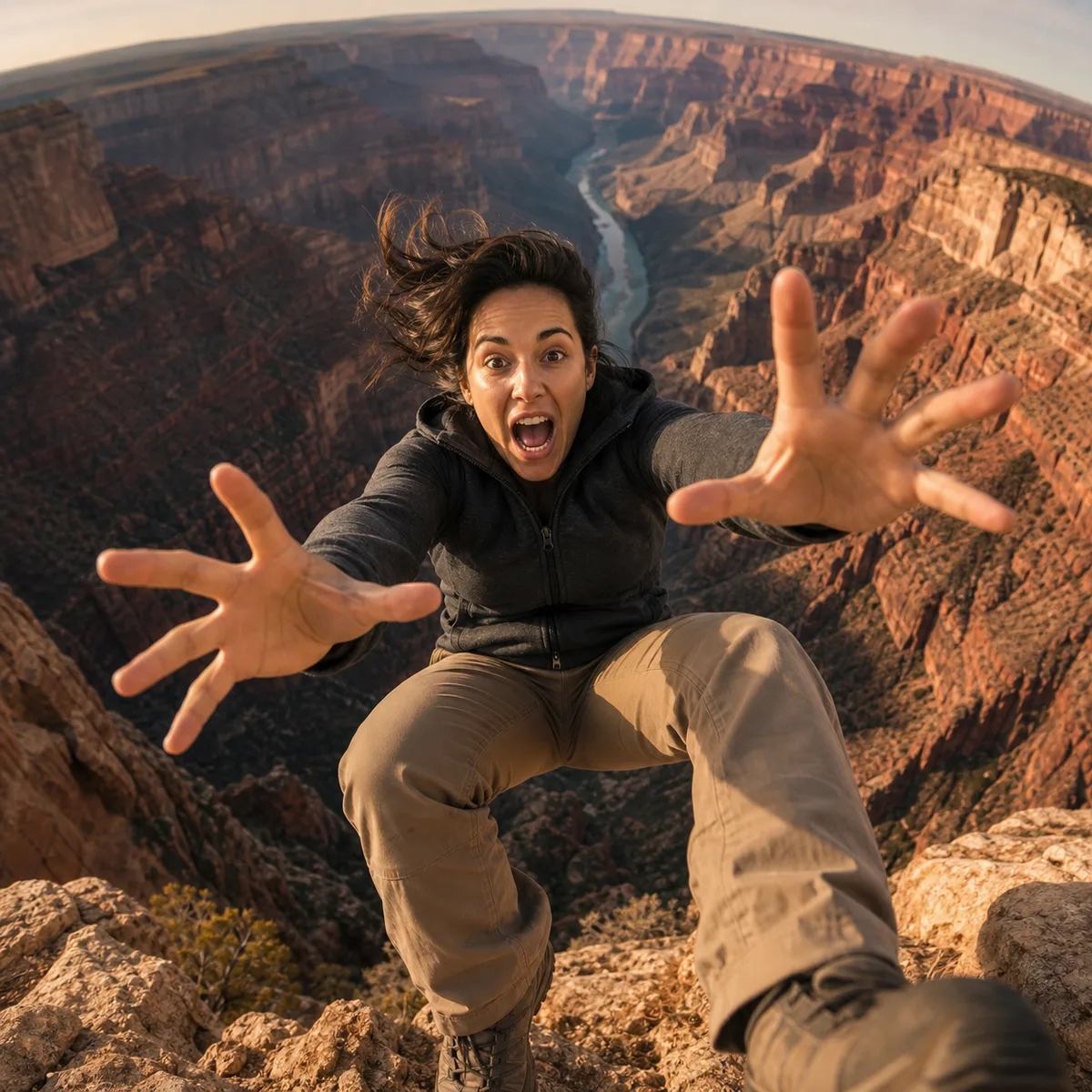 pessoa caindo em perspectiva realista acima do Grand Canyon