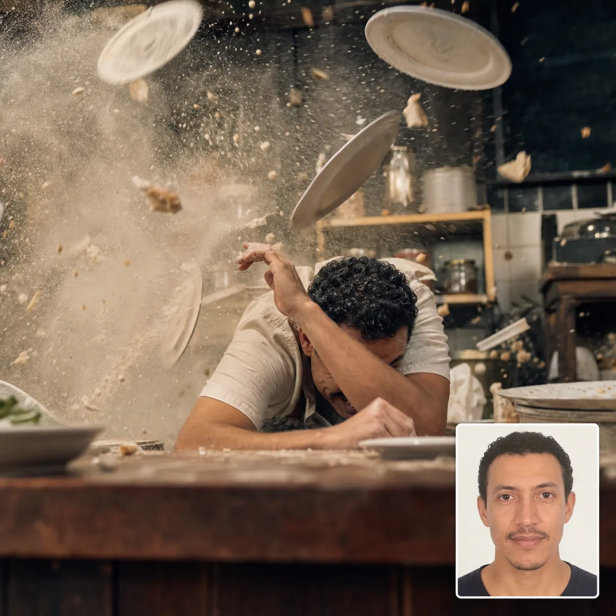 salto no balcão do restaurante com antes e depois criado com IA