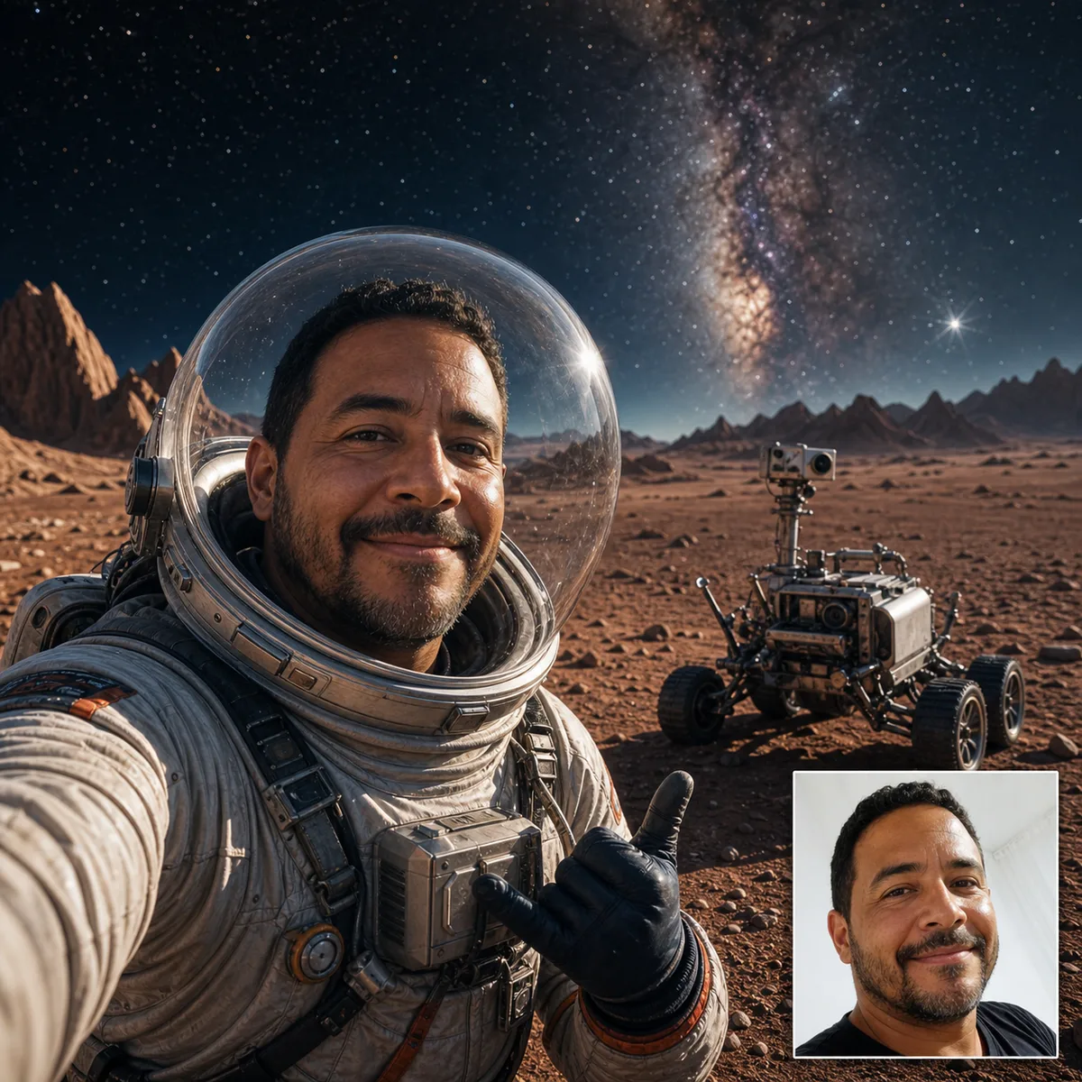 selfie com rover no deserto cósmico com antes e depois criado com ia