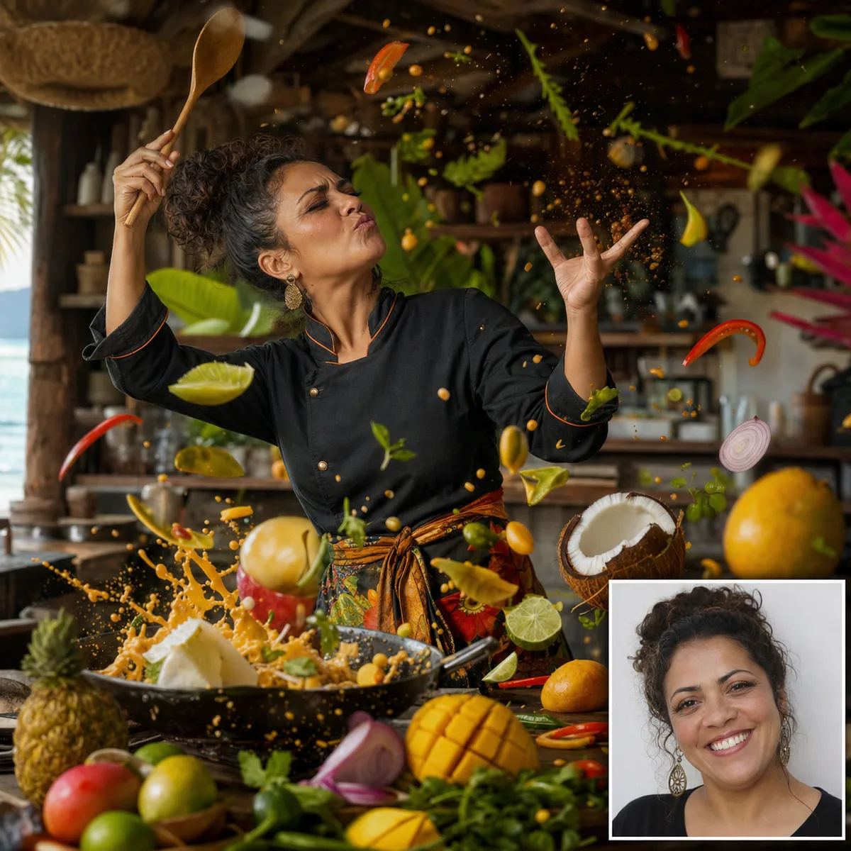 caos tropical na cozinha com antes e depois criado com ia