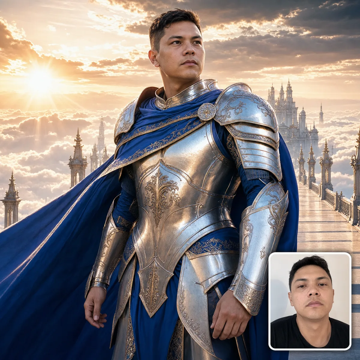 cavaleiro celestial com antes e depois criado com IA