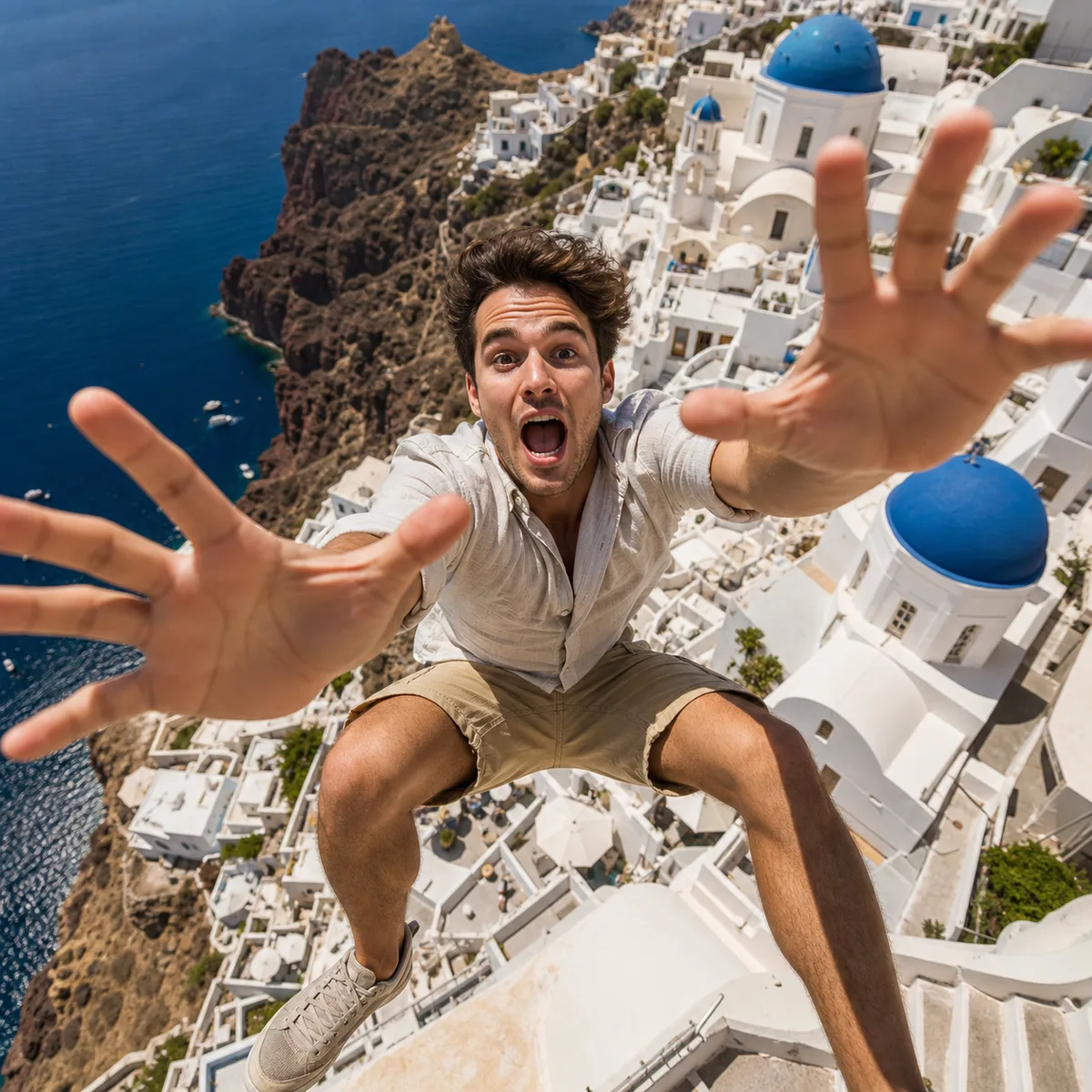 pessoa caindo em perspectiva realista acima de Santorini