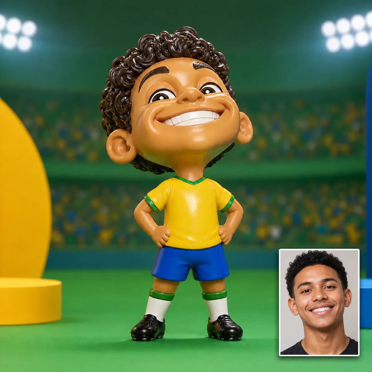 mini craque cabeçudo em pose de álbum de figurinhas