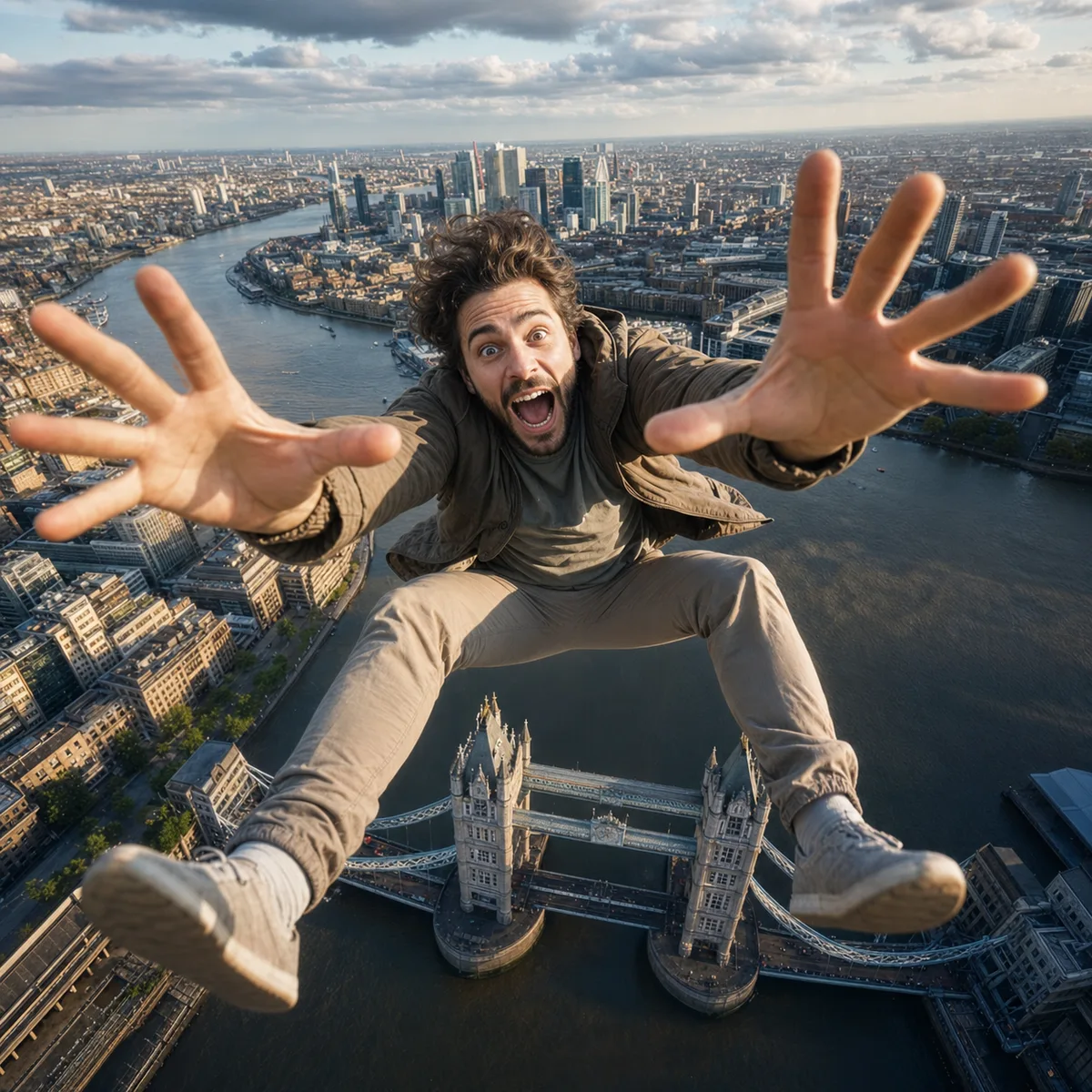 pessoa caindo em perspectiva realista acima da Tower Bridge