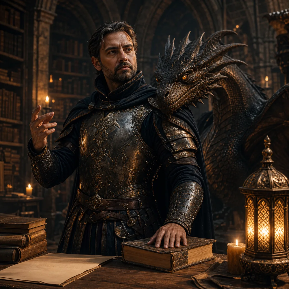sábio guerreiro medieval em biblioteca antiga com dragão