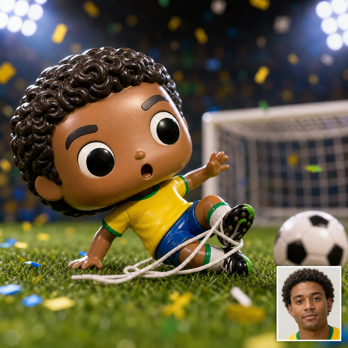 mini craque cabeçudo tropeçando no próprio cadarço