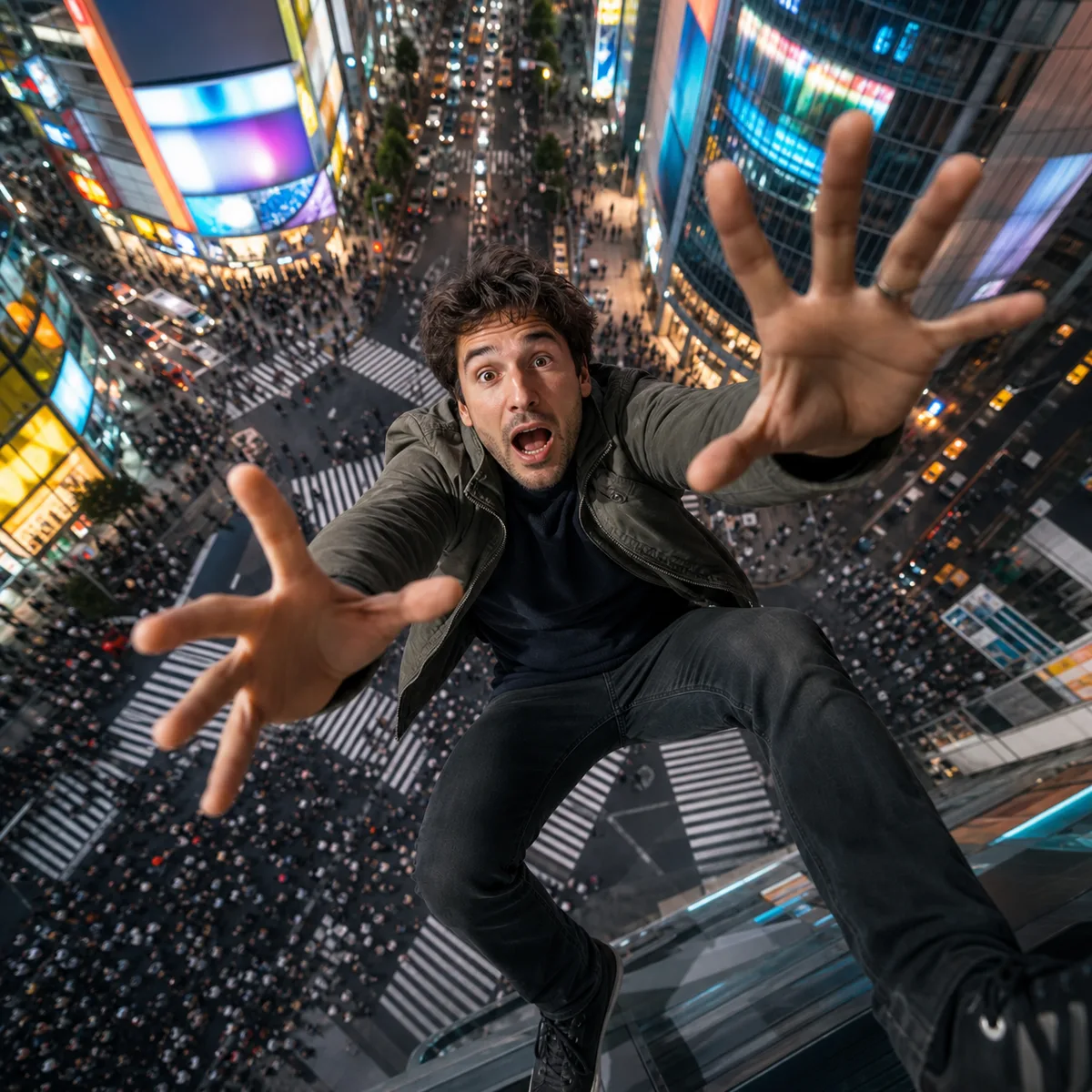 pessoa caindo em perspectiva realista acima do cruzamento de Shibuya