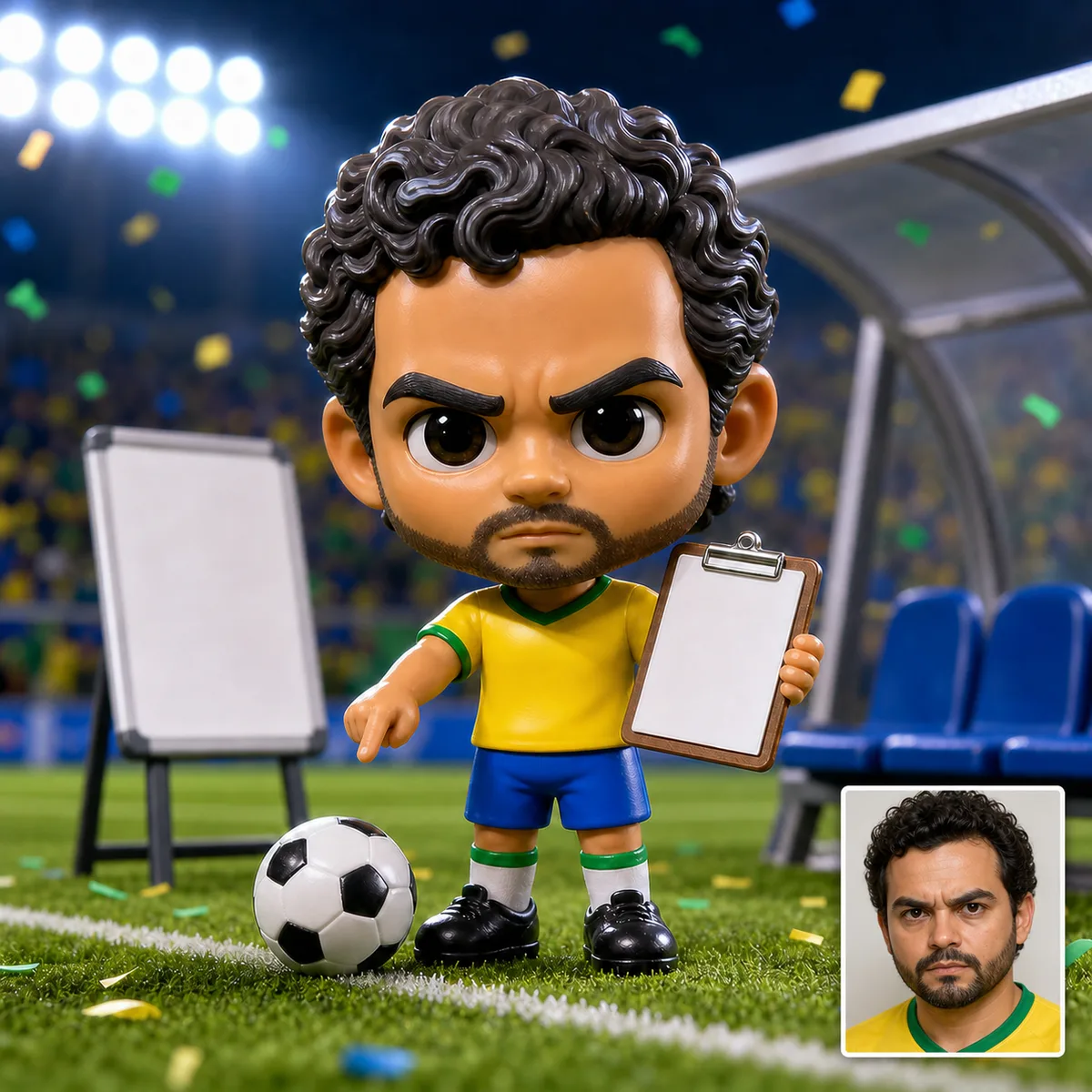 mini craque cabeçudo como técnico com prancheta em branco