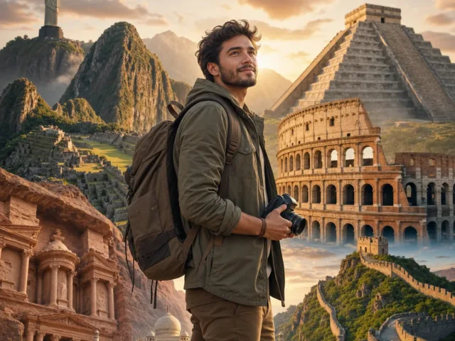 capa com viajante fictício e as 7 maravilhas do mundo gerada com IA