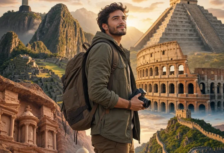 capa com viajante fictício e as 7 maravilhas do mundo gerada com IA