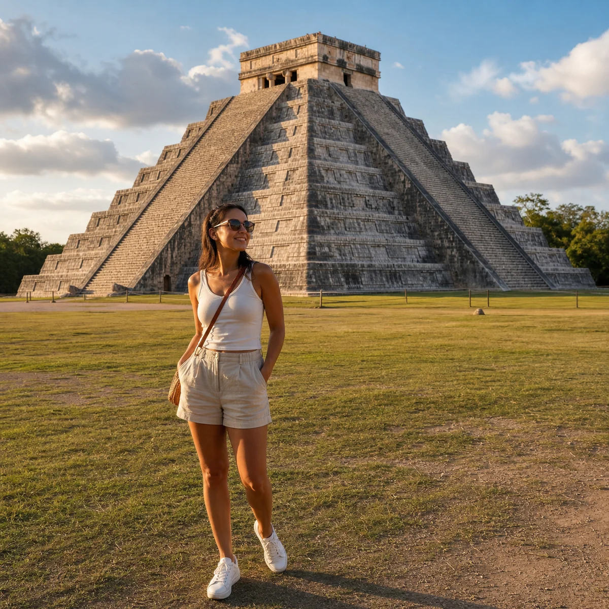 foto de viagem com IA em Chichén Itzá usando pessoa de referência