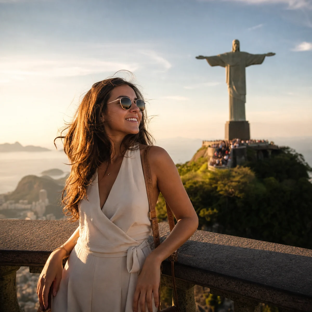 foto de viagem com IA no Cristo Redentor usando pessoa de referência