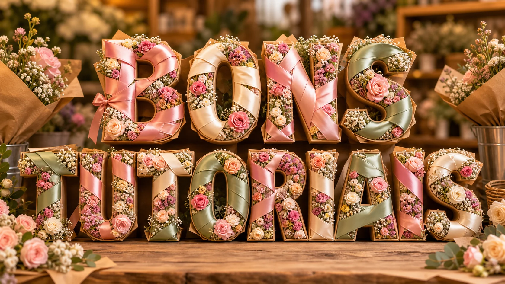 efeito de texto com buquê e fitas para floricultura criado com IA