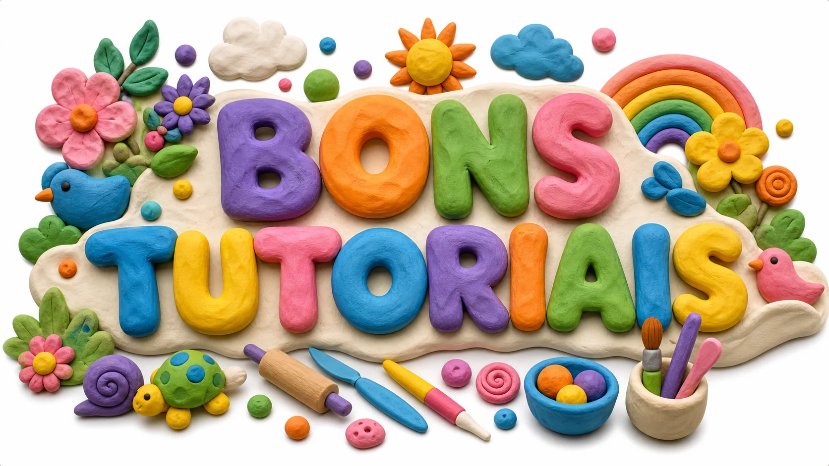 efeito de texto com massinha modelada à mão e formas coloridas