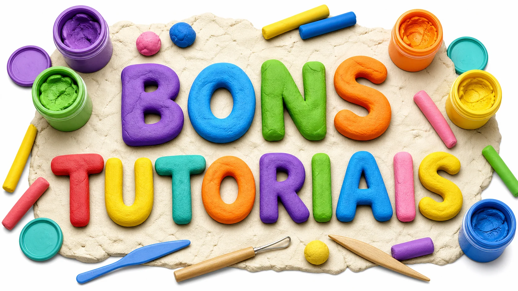 efeito de texto com potinhos de massinha colorida e ferramentas