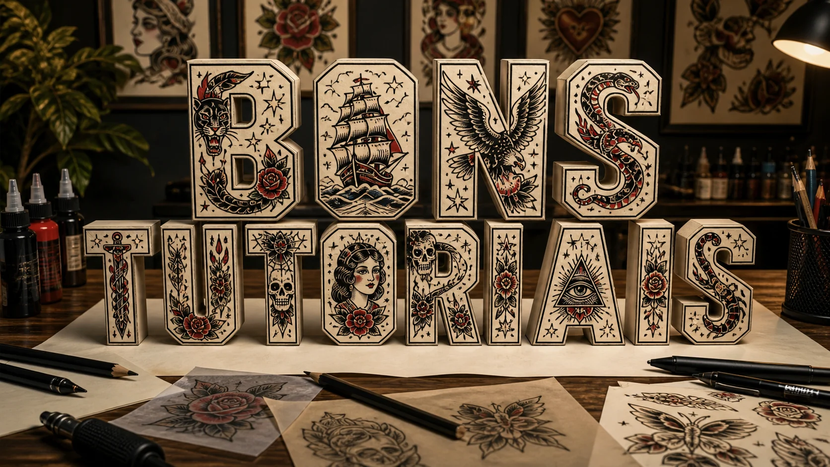 efeito de texto com stencil ilustrado para tatuagem criado com IA