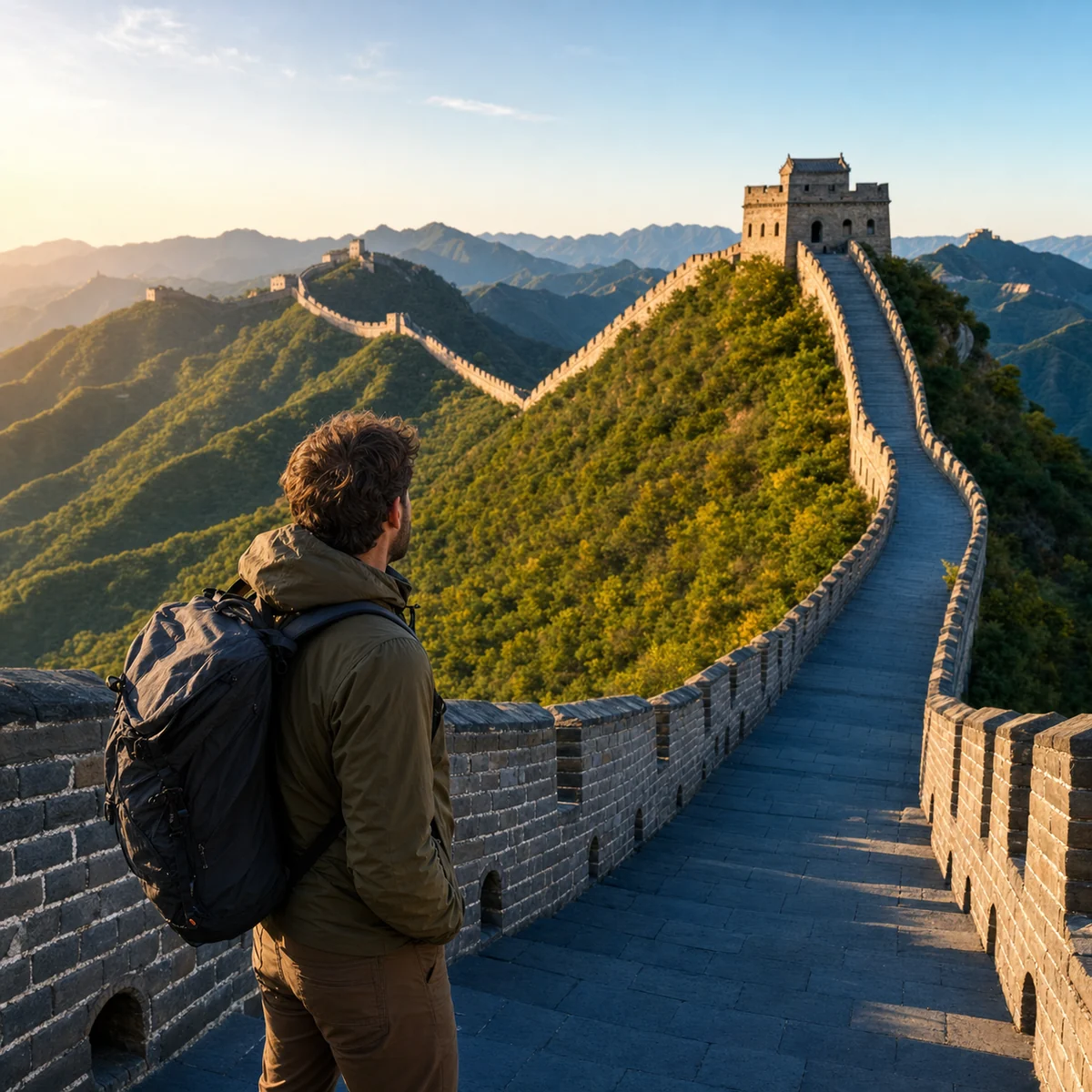 foto de viagem com IA na Grande Muralha da China usando pessoa de referência