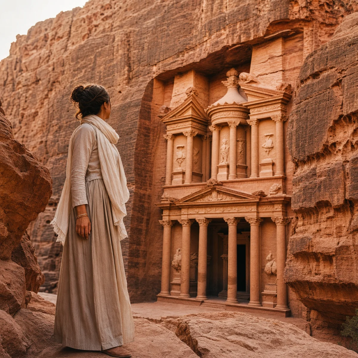 foto de viagem com IA em Petra usando pessoa de referência