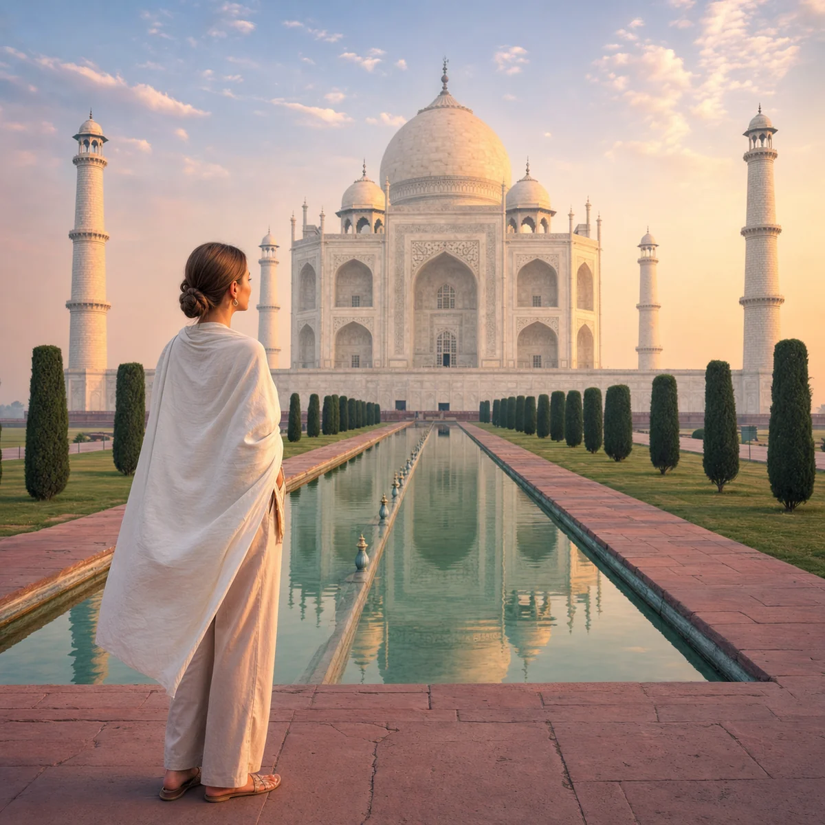 foto de viagem com IA no Taj Mahal usando pessoa de referência
