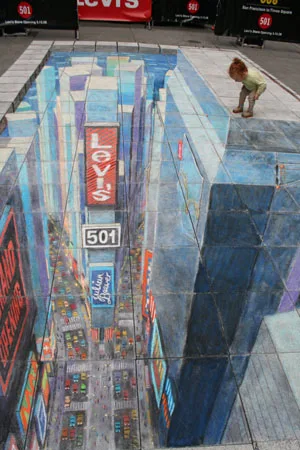Desenho 3D de Julian Beever, estilo uma cidade com uma criança olhando para a rua.