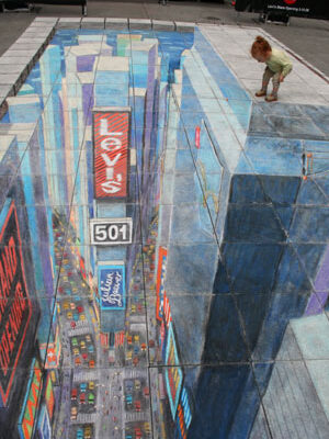 Desenho 3D de Julian Beever, estilo uma cidade com uma criança olhando para a rua.
